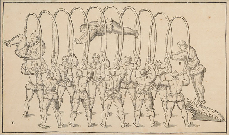 Pencil drawing of five men facing five other men. They are holding ten hoops in a row. A man is shown jumping on a springboard, through the hoops and landing at the other end.