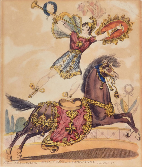 Drawing of a man in an ornate costume who is playing the trumpet. He is balancing on one foot on the saddle of his horse, which is also in costume.