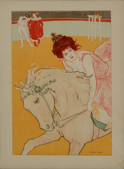 Drawing of a woman in a pink dress riding a galloping horse in the middle of a ring. Behind them, two people in costume appear to be talking, and the feet of a person standing on a stool can be seen.