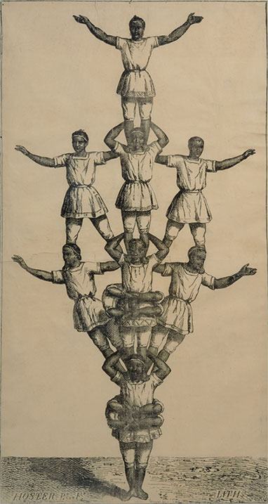 Pencil drawing of a four-level human pyramid. A single man is supporting nine other acrobats – four on the second level, three on the third level and one with arms outstretched at the top.