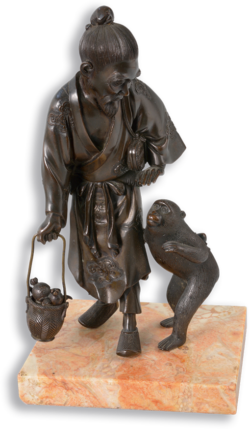 Bronze statue of an Asian man wearing a kimono and carrying a basket of fruit. He is looking at a monkey holding on to his leg. 