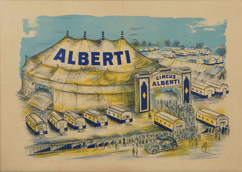 Drawing of the Circus Alberti big top surrounded by circus wagons. A crowd is heading to the big top entrance.