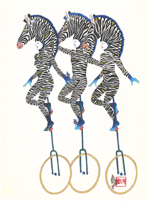Drawing of three women in zebra costumes. They are sitting on unicycles and all heading from right to left.